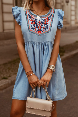 embroidered Joker Round Neck ruffled sleeveless dress