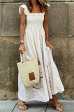 casual plaid printed pleated lotus leaf sleeve dress