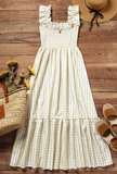 casual plaid printed pleated lotus leaf sleeve dress