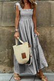 casual plaid printed pleated lotus leaf sleeve dress