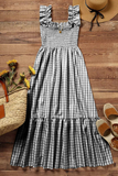 casual plaid printed pleated lotus leaf sleeve dress