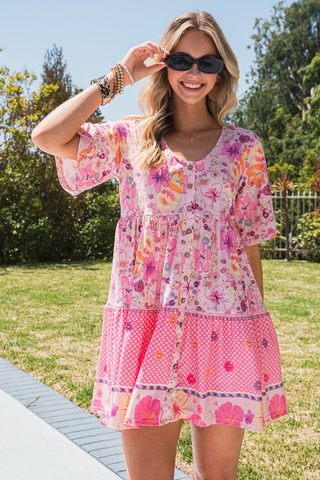 slim and slim floral printed short-sleeved dress