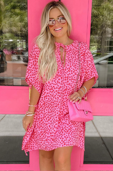v-neck lace-up leopard print half-sleeve dress