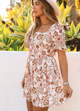 Open-back lace pleated thin floral print dress