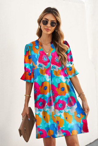 floral print pullover V-neck dress