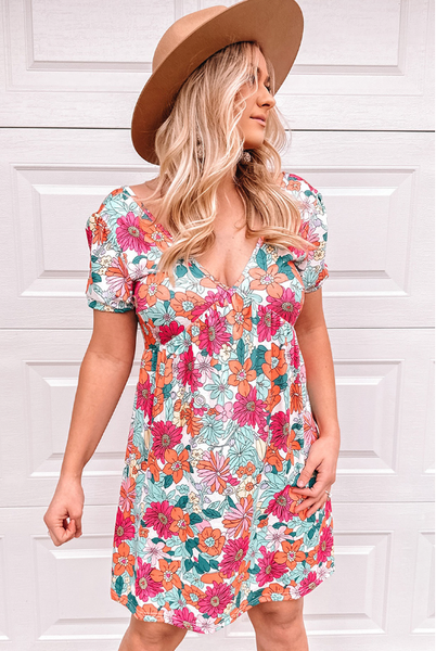 Joker slim backless lace-up short-sleeved floral dress