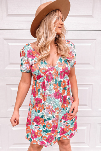 Joker slim backless lace-up short-sleeved floral dress