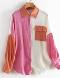 contrast stitching off-shoulder long-sleeved shirt