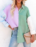 contrast stitching off-shoulder long-sleeved shirt
