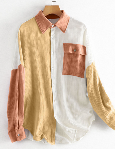 contrast stitching off-shoulder long-sleeved shirt