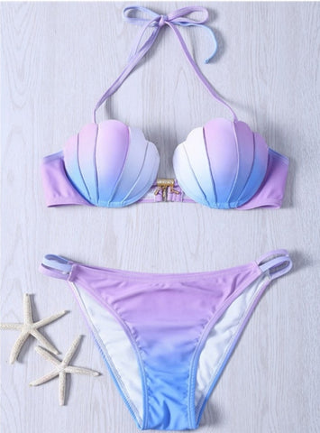 gradient sling steel bikini strap high waist triangle split swimsuit