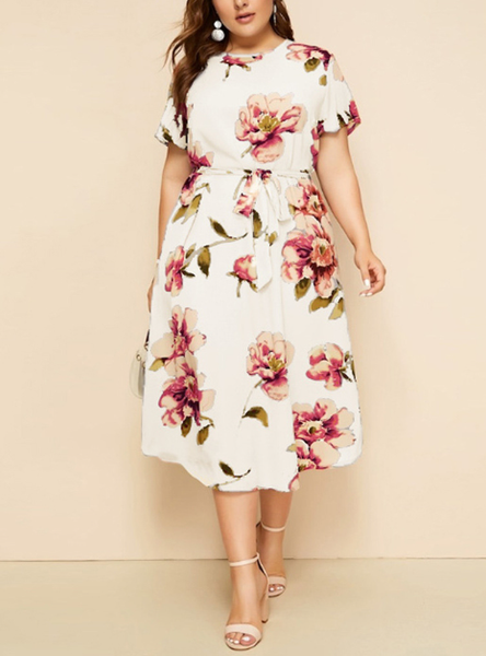 Short Sleeve Floral Printed Loose Midi Dress