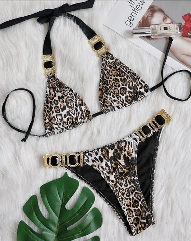 sexy leopard diamond low waist gathered split swimsuit