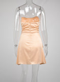 SEXY SATIN FISHBONE PLEATED BACKLESS TUBE TOP DRESS