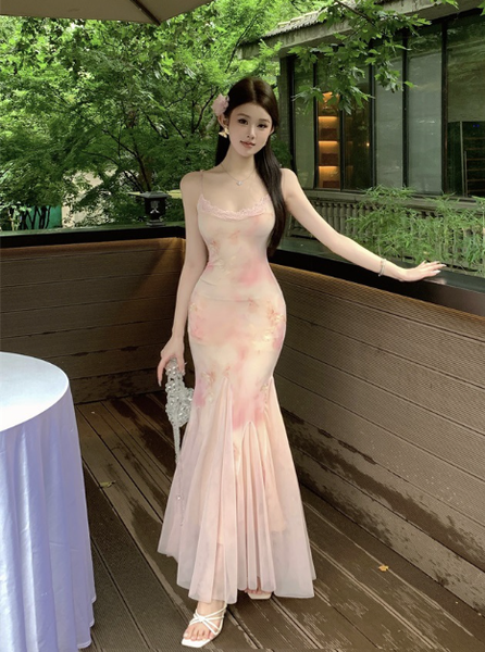Gentle temperament floral mesh slim sling dress