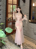 Gentle temperament floral mesh slim sling dress