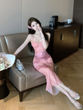Spice lace stitching gauze printed suspender dress