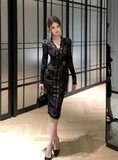 Retro flocking stitching lace strap slim dress