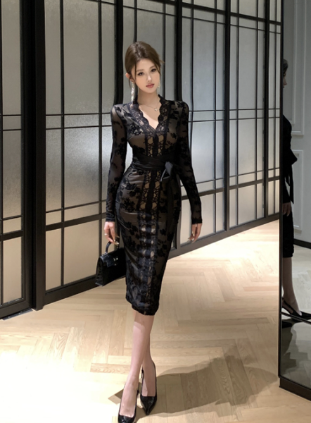Retro flocking stitching lace strap slim dress