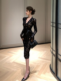 Retro flocking stitching lace strap slim dress