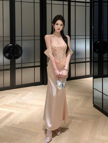 Yujie tube top lace stitching dress dress