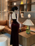 French temperament hanging neck backless velvet slim dress