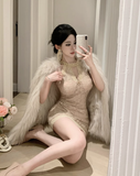 Sexy openwork lace sleeveless slim dress with neck hanging