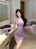 Light and luxurious temperament V-neck lace long sleeve slim dress