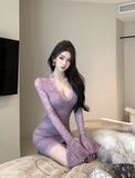 Light and luxurious temperament V-neck lace long sleeve slim dress