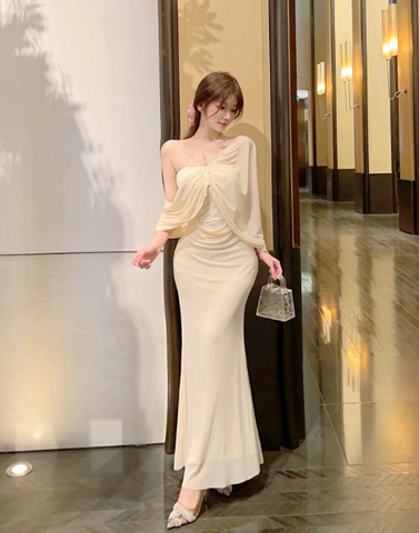 French tube top pleated mesh tight fishtail dress