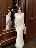 French tube top pleated mesh tight fishtail dress
