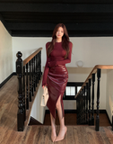 Fashion Joker Long Sleeve T-shirt+Split Bag Hip Skirt Set