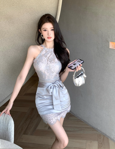 Temperament sexy lace stitching sleeveless slim dress