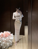 Temperament celebrity wind openwork lace bag hip dress tide