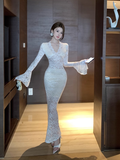 Temperament celebrity wind openwork lace bag hip dress tide