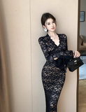 Temperament celebrity wind openwork lace bag hip dress tide