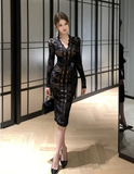 Retro flocking stitching lace strap slim dress