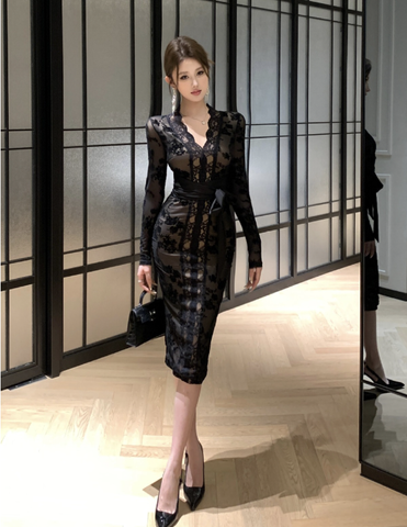 Retro flocking stitching lace strap slim dress