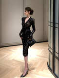 Retro flocking stitching lace strap slim dress