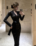 Retro flocking stitching lace strap slim dress
