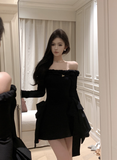 Stylish Off - the - Shoulder Black Mini Dress with Bow Detail