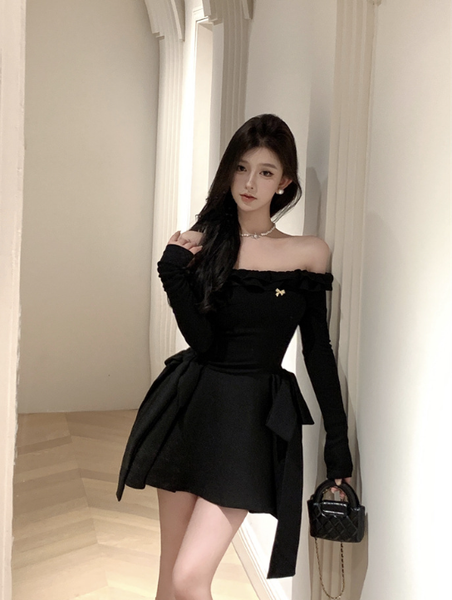 Stylish Off - the - Shoulder Black Mini Dress with Bow Detail