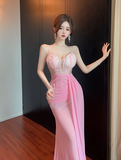 Elegant Pink Maxi Dress with Sheer Lace and Ruched Details