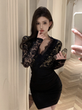 Exquisite Long - Sleeve Lace V - neck Satin Mini Dress