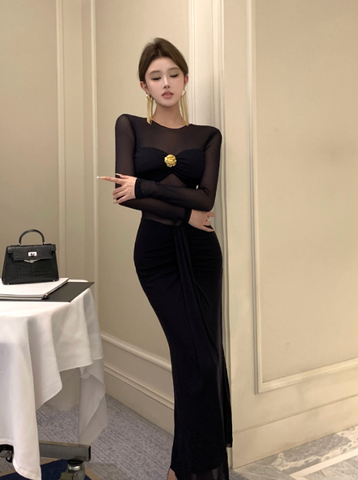 Stylish Sheer Mesh Black Gown with Knot and Gold Detail