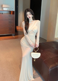 Elegant Long - sleeve Beige Chiffon Ruched Maxi Dress