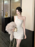 Charming Sleeveless Cream Bodycon Dress with Furry Shawl