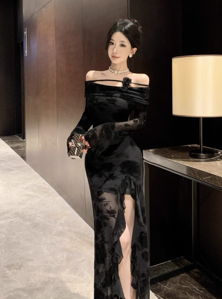 Stylish Long - sleeve Black Floral Mesh Maxi Dress