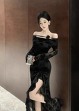 Stylish Long - sleeve Black Floral Mesh Maxi Dress