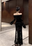 Stylish Long - sleeve Black Floral Mesh Maxi Dress